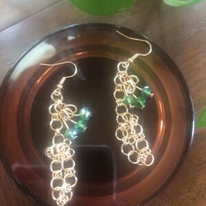Gold Chainmail Dangle Earrings with Emerald Green Beads